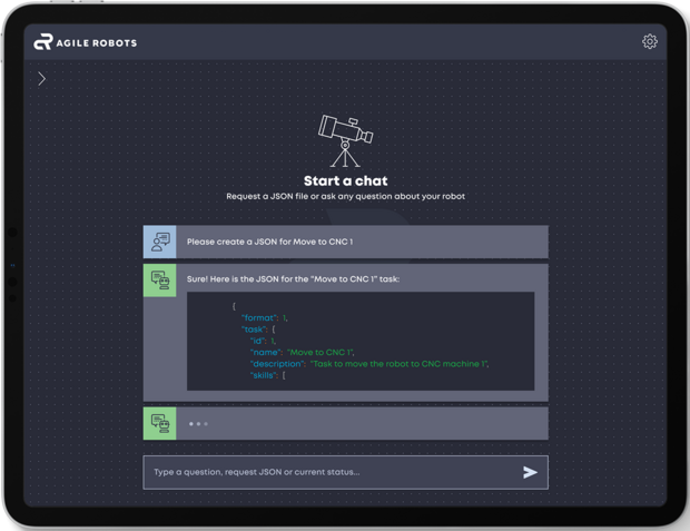 Screen showing Agile Robots’ conversational programming assistant AgileAI.