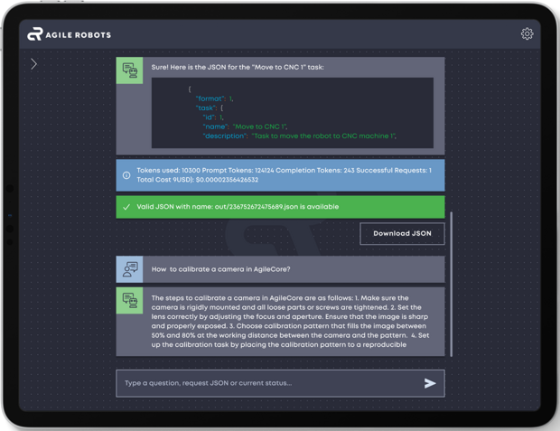 Screen showing Agile Robots’ AI-assistant offering step-by-step guidance for robot skill configuration. 