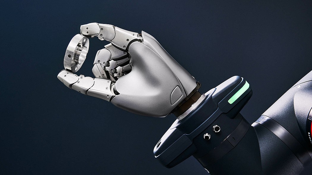 The humanoid Agile Hand from Agile Robots sensitively holds a component between its fingers